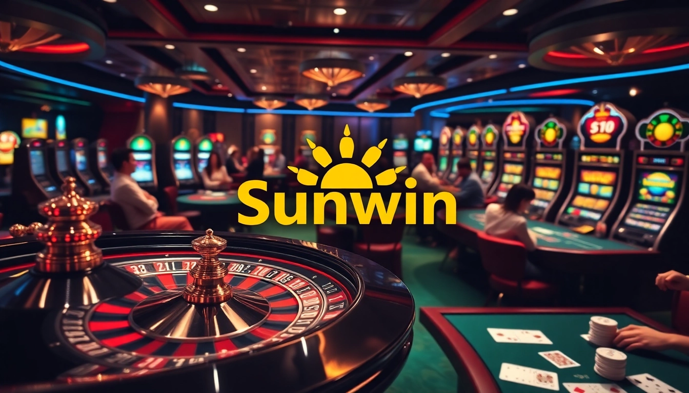 Exciting Sunwin casino scene with players at roulette and vibrant slot machines.