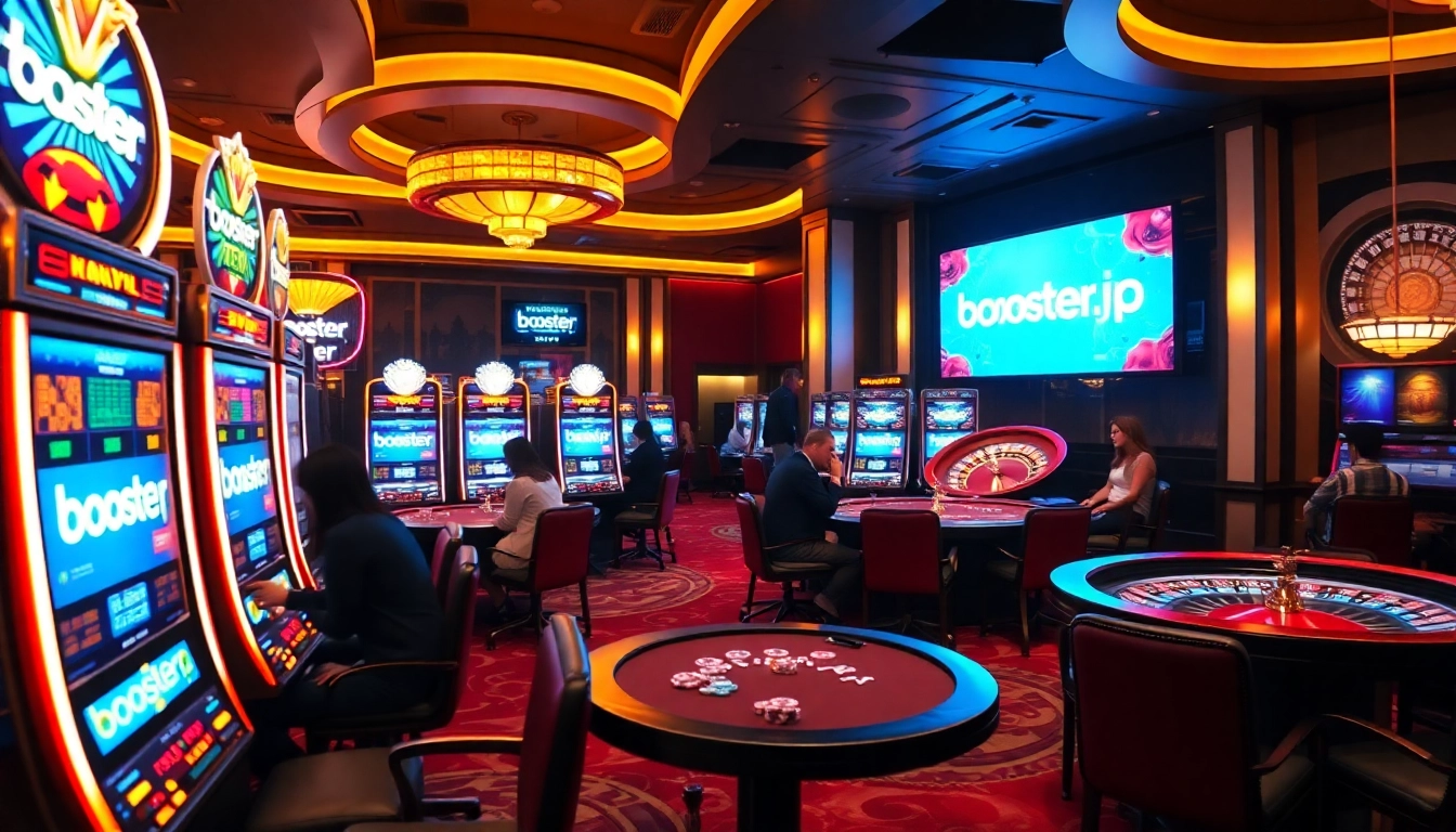 Players enjoying a thrilling game at boosterjp's vibrant online casino with colorful slot machines and poker tables.