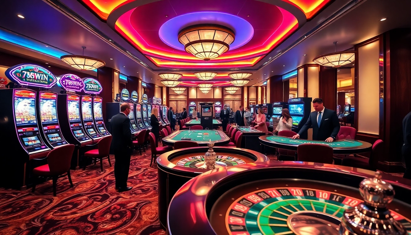 Experience the thrilling gaming environment of 789WIN with luxurious tables and slot machines.