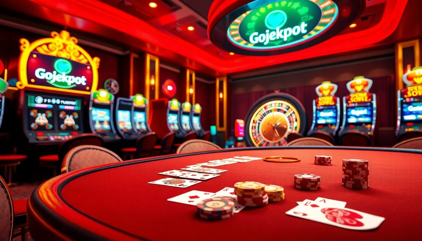 Experience the excitement of Gojekpot with thrilling poker gameplay and dynamic slot machines in a luxurious casino.