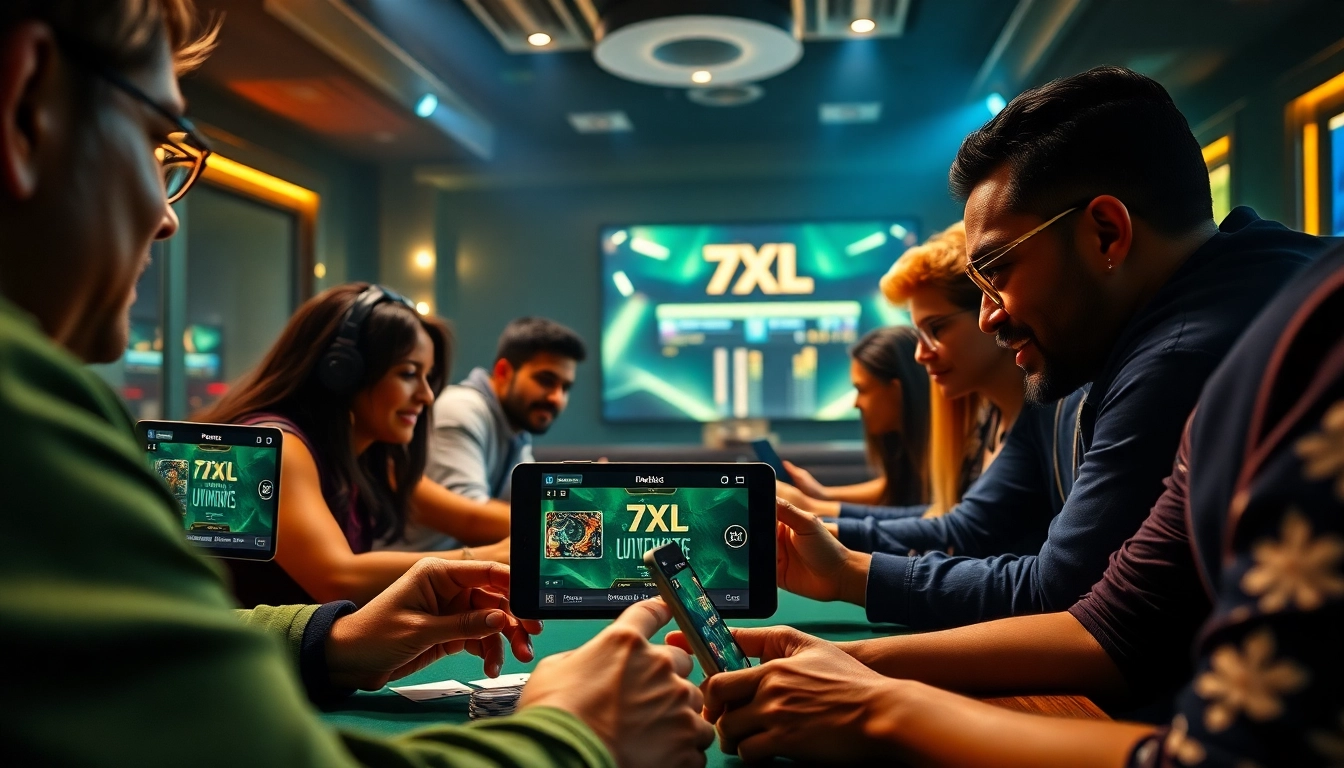 להורדה 7XL - חוויית פוקר מקוון מרגשת עם שחקנים מגוונים המשתמשים בממשק האפליקציה של 7XL.