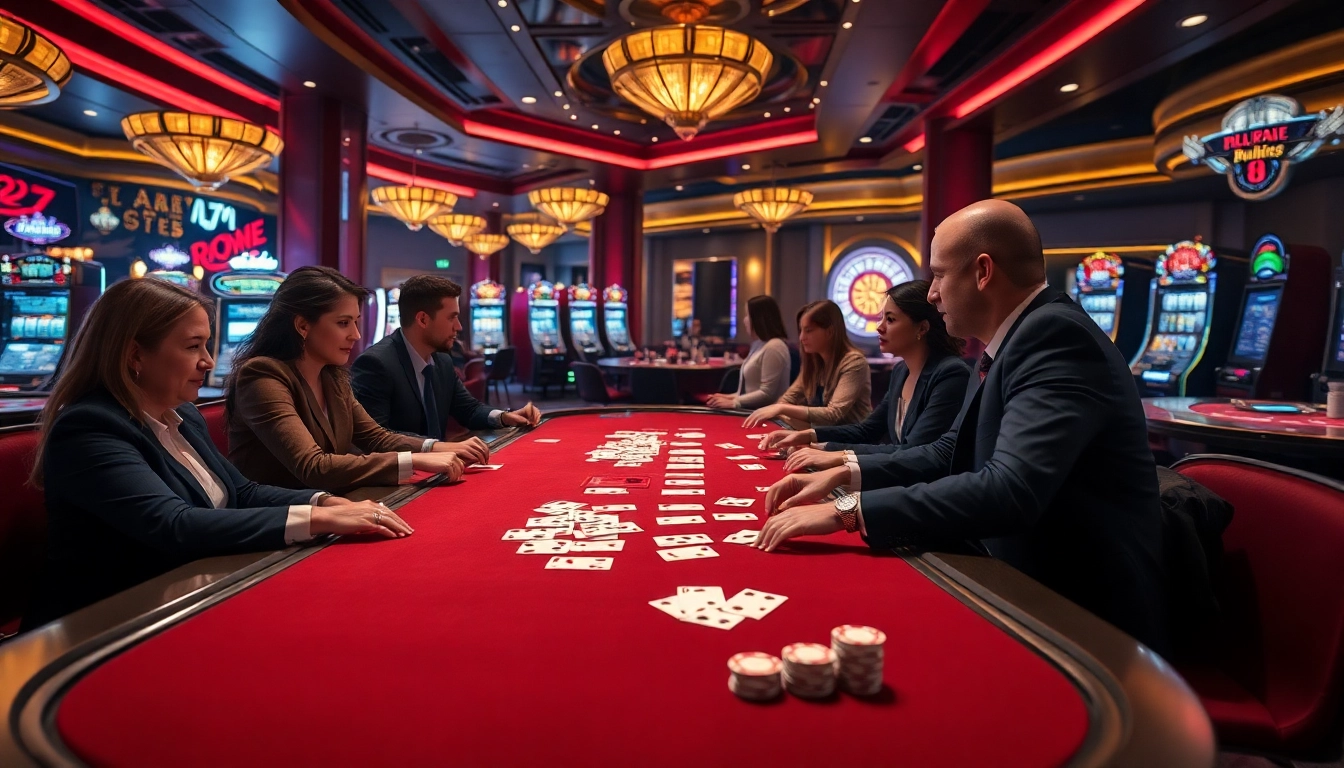 משחק רמיקוב אונליין בסביבה קזינית תוססת עם שולחנות אלגנטיים ושחקנים מעורבים.