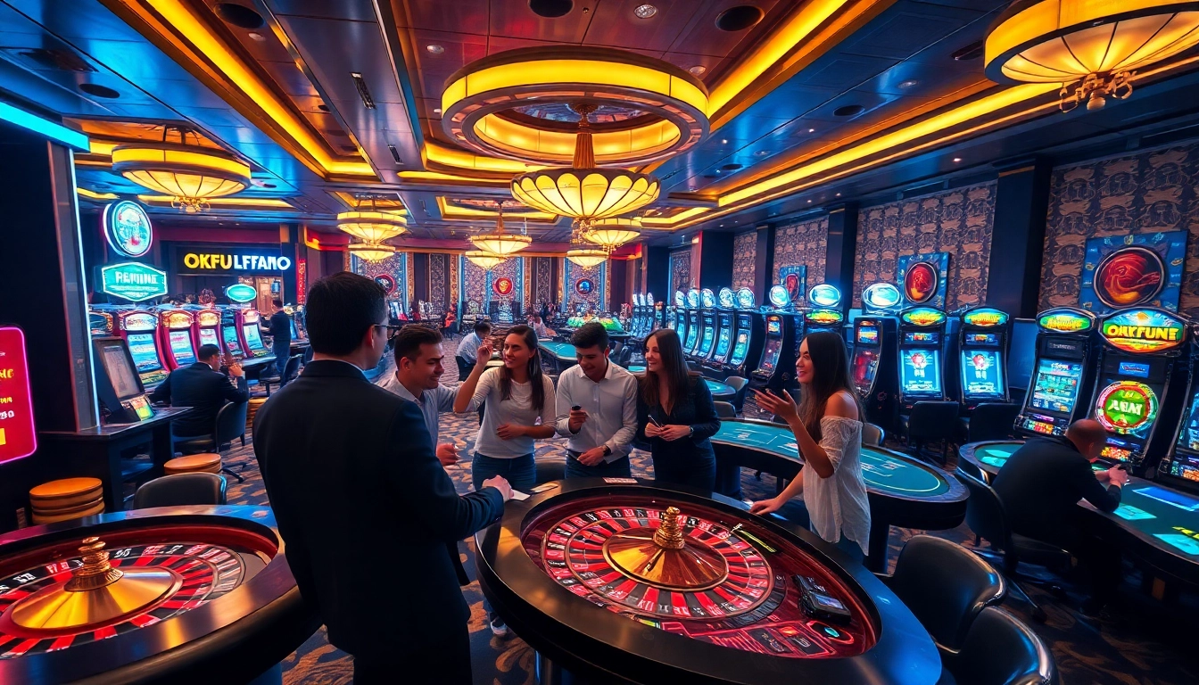 Experience exhilarating action at OKFUN casino with players enjoying slot machines and roulette tables.