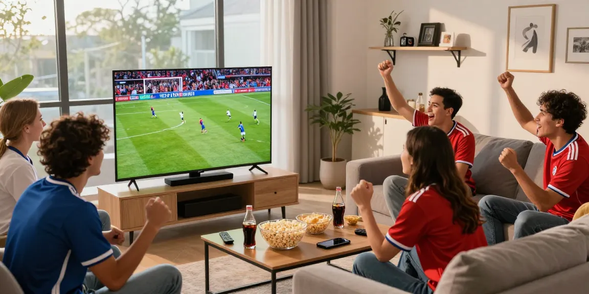 Exciting koora live viewing experience with friends enjoying a football match in a lively living room.