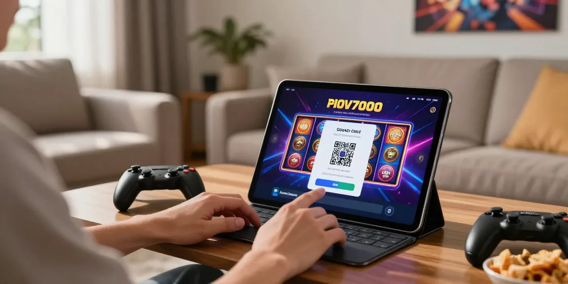 Engaging user enjoying slot7000 gaming experience on tablet with QRIS payment.